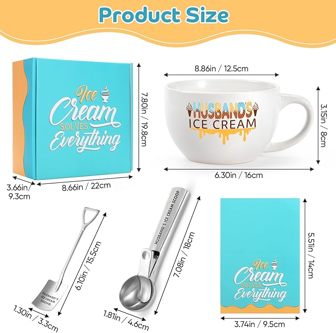 Valentine's Day & Christmas Gift for Husband – Ice Cream Bowl & Scoop Set from Wife, Funny Anniversary Present with Engraved Shovel Spoon