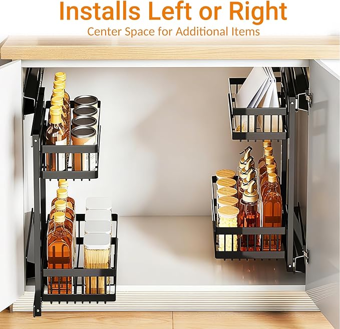 Pull Out Spice Rack Organizer 2 Tier Sliding Cabinet Interior Metal Spice Drawer Adjustable & Removable, Holds Up to 20 Jars for Kitchen, Pantry, Cafe