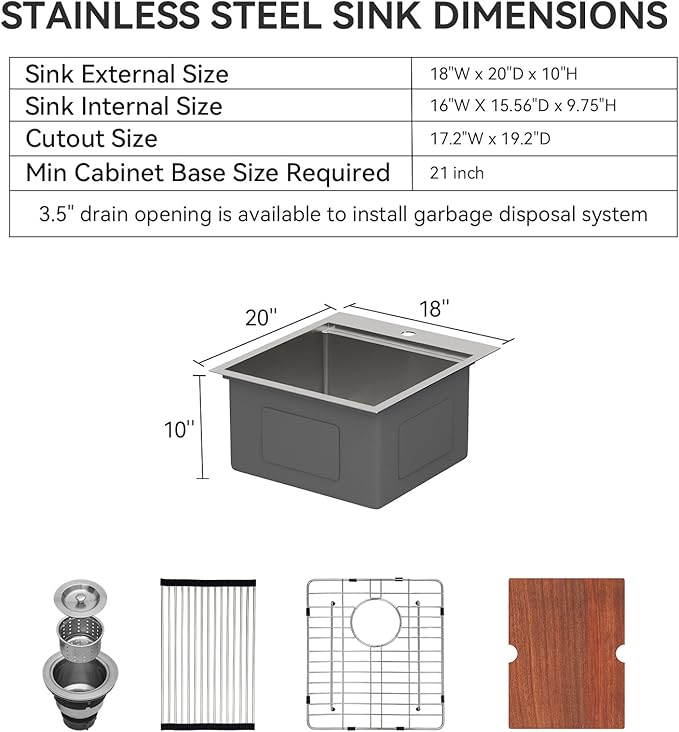 Lordear 18x20 Inch Drop In Topmount Bar Sink - 16 Gauge Stainless Steel Single Bowl Ledge Workstation, for RV/Kitchen/Camper/Wet Bar with Cutting Board