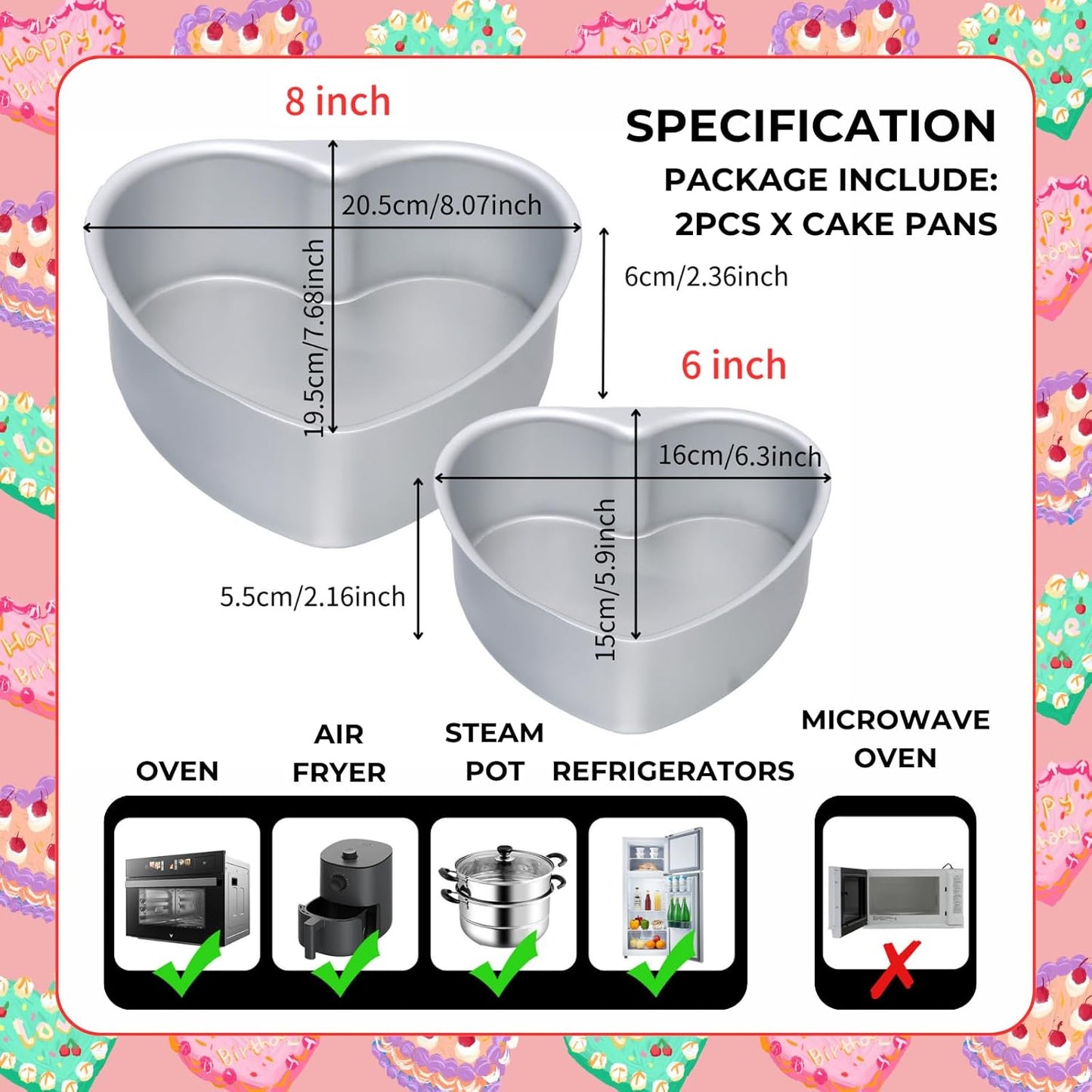 beyonday 2pcs Heart Shaped Cake Pan with Removable Bottom, 6 inch & 8 inch Aluminum Alloy Cake Trays for Birthday Party Wedding Anniversary Baking Mold Cheesecake Pans Kitchen Bakeware