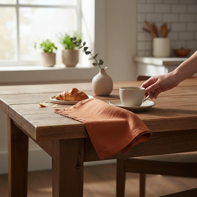 Hemstitched Linen Napkins – 20 Inch x 20 Inch – Stonewashed Pure Linen Cloth Dinner Napkins with Mitered Corners - 100% French Flax – Machine Washable - Set of 4 (Rustic Orange)