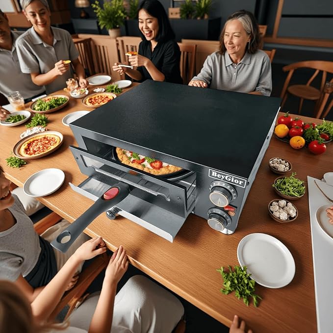 12 Inch Electric Pizza Oven Indoor, Countertop Pizza Oven with Visual Window, Commercial Pizza Maker with Removable Handle, Stainless Steel Pizza Cooker (Black)