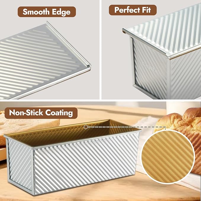 CURTA Commercial Pullman Loaf Pans with Lid 2.2 lb Dough Capacity Non-Stick Bakeware for Baking Bread Corrugated Bread Pans Extra large loaf pan Silver 1pcs