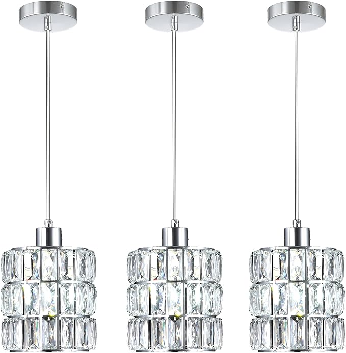 3 Pack Chrome Crystal Pendant Light, Mini Pendant Lights for Kitchen Island with Crystal Plate Metal Shade, Modern Concise Pendant Silver Fixture for Foyer Hallway, Dining Room