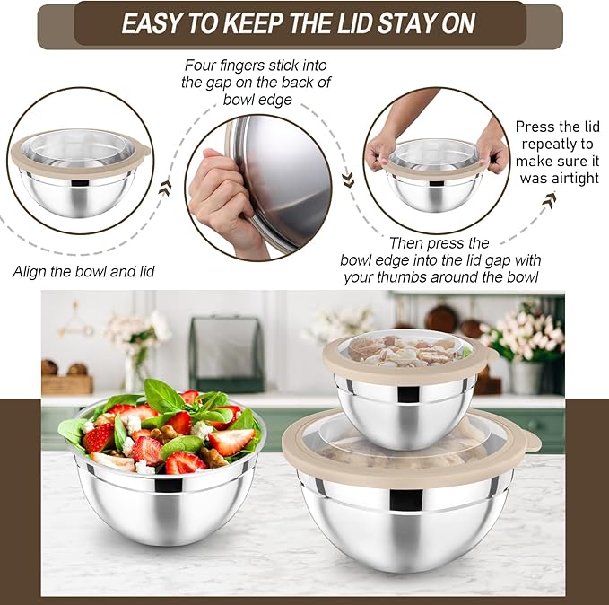P&P CHEF Mixing Bowl with Lid Set of 7, Stainless Steel Nesting Salad Bowls for Cooking Serving Prepping, Clear Lids & Stackable Design, Size 4.6, 3.5, 3, 2, 1.5, 1, 0.7 Qt - Khaki