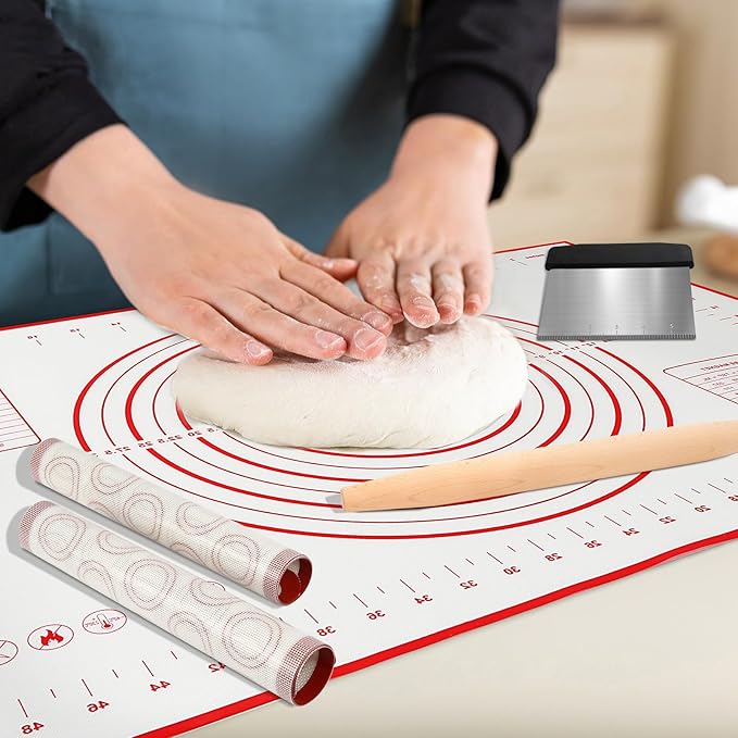 Silicone Baking Mat Sets, Dough Mat with Macaron Baking Mat Pastry Cutter Rolling Pin,Food Safe Pastry Mat, Reusable Cookie Sheets Liner