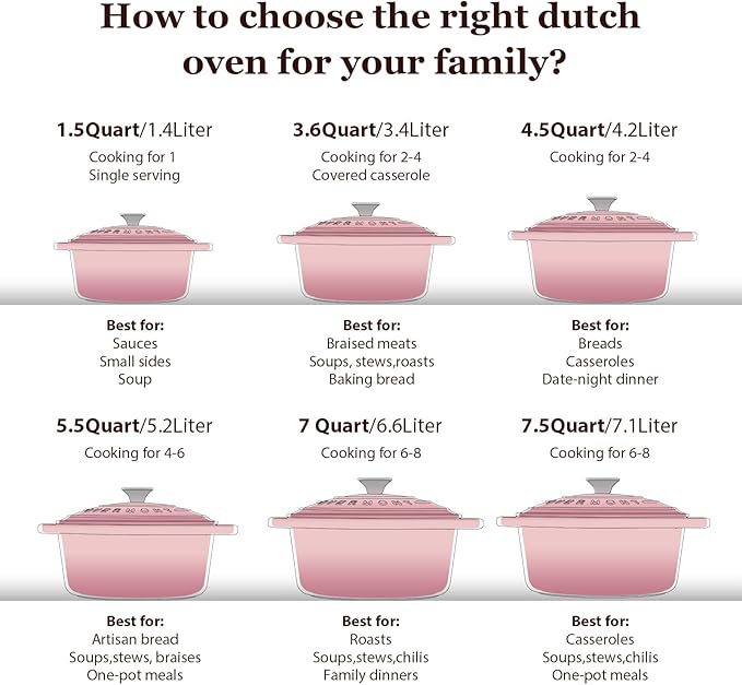 Overmont Enameled Cast Iron Dutch Oven - 7QT Pot with Lid Cookbook & Cotton Potholders - Heavy-Duty Cookware for Braising, Stews, Roasting, Bread Baking pink