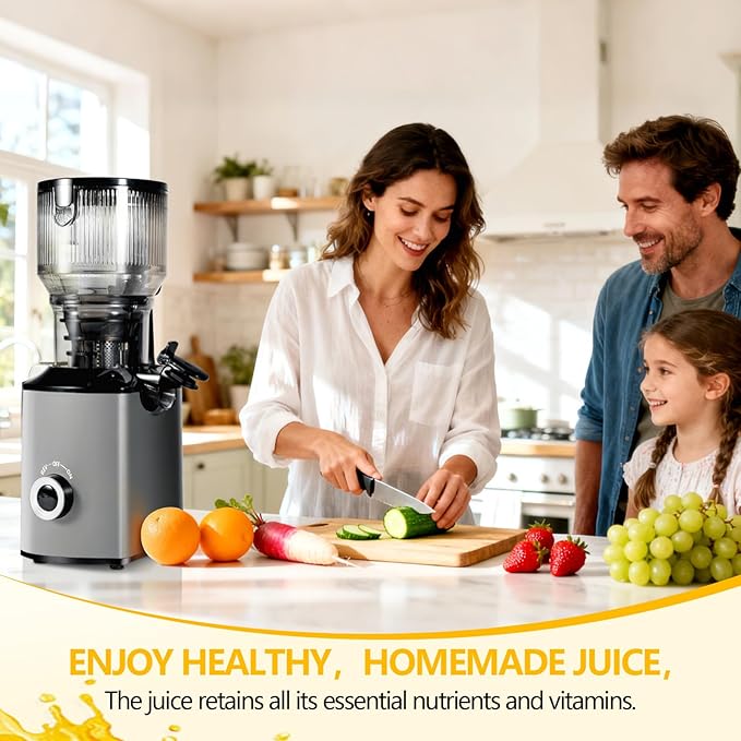 Cold Press Juicer with 5.8" Extra Wide Feed Chute - Slow Masticating Juicer Machine for Whole Fruits & Vegetables - High Juice Yield, Self Feeding, Easy to Clean & Assemble