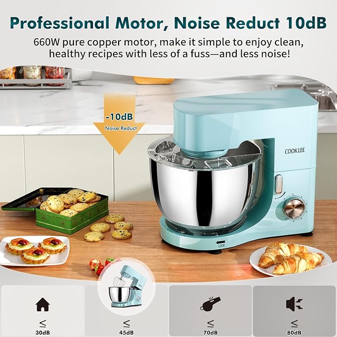 COOKLEE Stand Mixer, 9.5 Qt. 660W 10-Speed Electric Kitchen Mixer with Dishwasher-Safe Dough Hooks, Flat Beaters, Wire Whip & Pouring Shield Attachments for Most Home Cooks, Blue