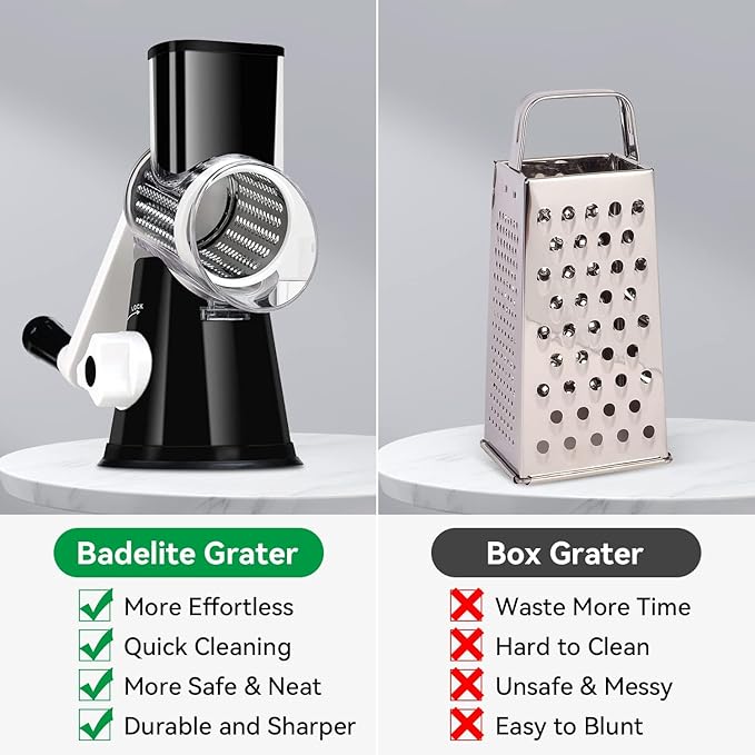 Rotary Cheese Grater Vegetable Shredder with Handle Round Kitchen Mandoline Slicer Grater for Nuts, Vegetable, Chocolate, Chesse - Black - 3 Replaceabe Stainless Steel Blades