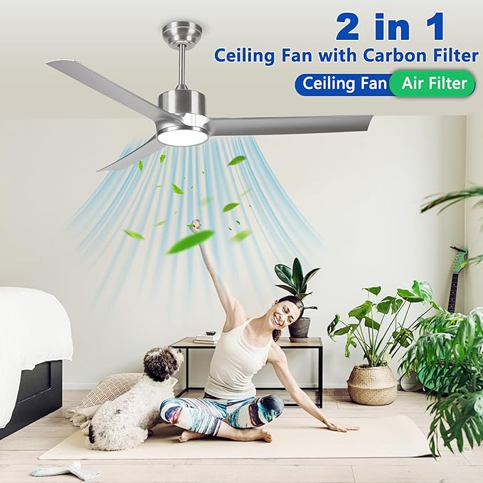 52 Inch Modern Silver Ceiling Fan with Filters Lights Remote Control, Quiet DC Motor/Dimmable 3 Color LED/6 Speed High CFM/3 Blade Indoor Ceiling Fans for Bedroom/Living Room