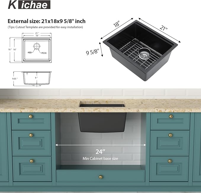 Kichae Black Undermount Bar Sink - 21 x 18 Black Composite Granite Undermount Wet Bar Prep Kitchen Sink