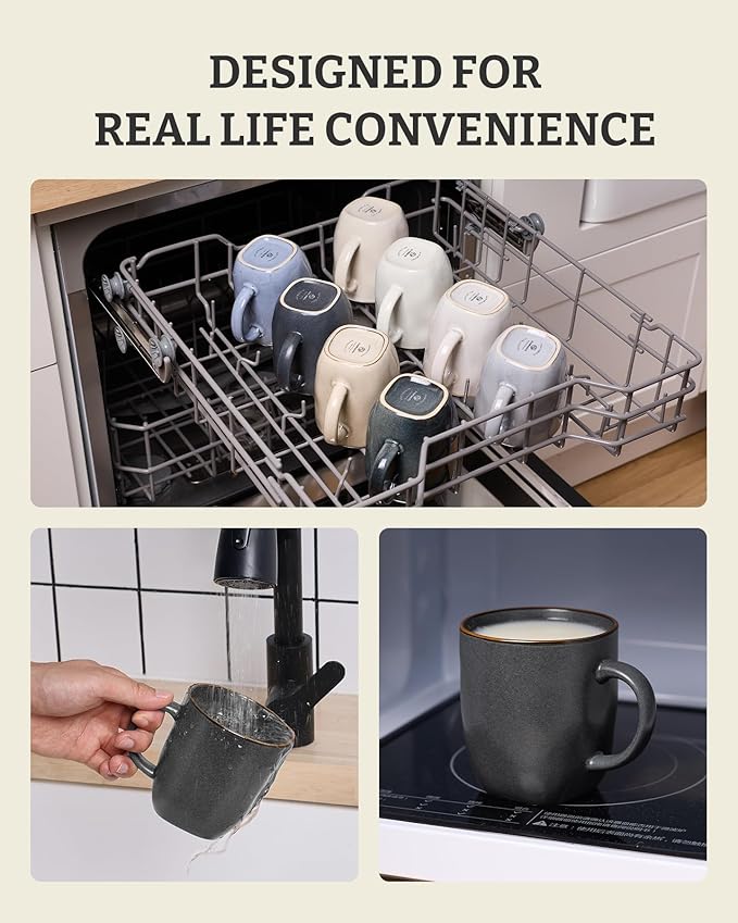 famiware Coffee Mugs Set of 4, Ocean Square 13oz Coffee Cup Set with Handle for Cocoa, Milk, Hot Chocolate, Tea, Water, Stoneware Cups for Kitchen, Microwave and Dishwasher Safe, Matte Black