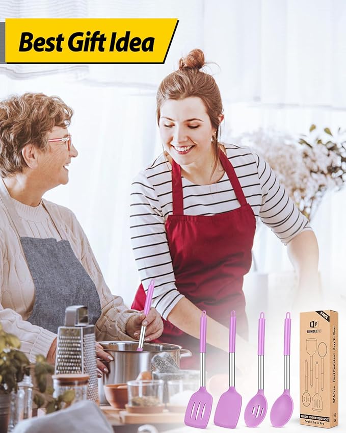 Pack of 4 Silicone Cooking Utensils Set, Non Stick Large Solid Spatulas, Heat Resistant Purple Slotted Spoons, Ideal BPA Free Kitchen Turners for Frying, Mixing,Serving,Draining,Turning,Stirring