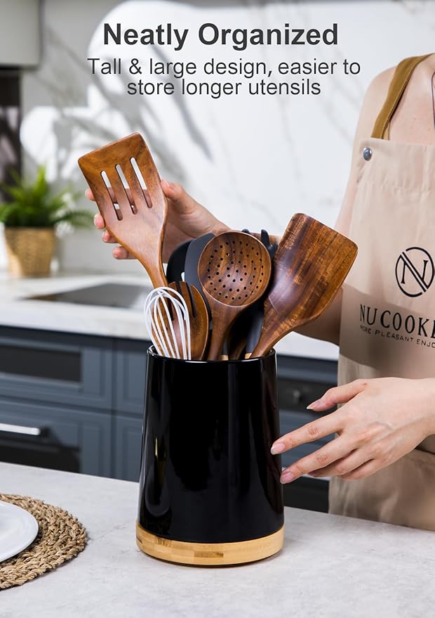 Nucookery 360° Rotating Utensils Holder, 8.2" Extra High Large Ceramic Kitchen Utensil Holder with Countertop-Protection Cork Bottom, Top Gathering Kitchen Decor for Counter (Black)