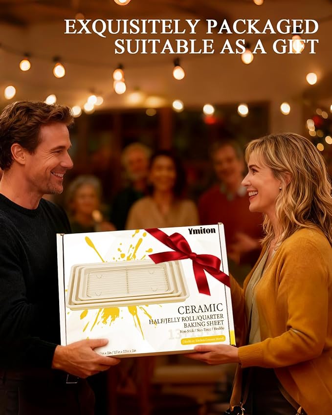 Nonstick Ceramic Baking Sheet With Rack, 3-Pack Half/Jelly Roll/Quarter Sheet Pan, Non-Toxic, PTFE & PFOA Free, Warp-Free, Oven Safe 550°F, Dishwasher Safe, Aluminized Steel, Gray Yellow