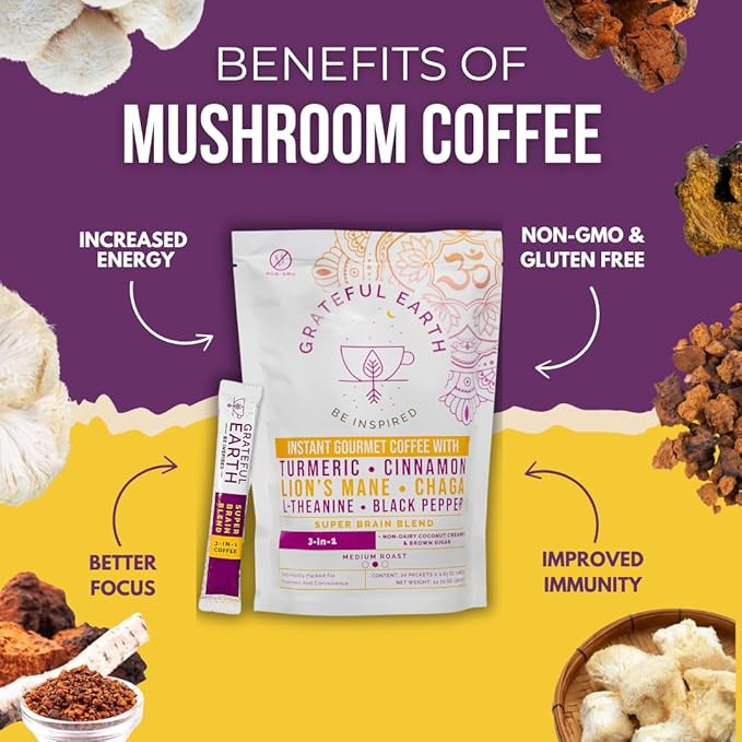 Grateful Earth Mushroom Coffee, Coconut Instant Coffee with Cinnamon, Turmeric, Lion’s Mane Mushrooms, L-Theanine, Chaga, Super Brain Blend, Energy & Immune Support, Dairy & Gluten Free, 2 Bags, 40 Ct