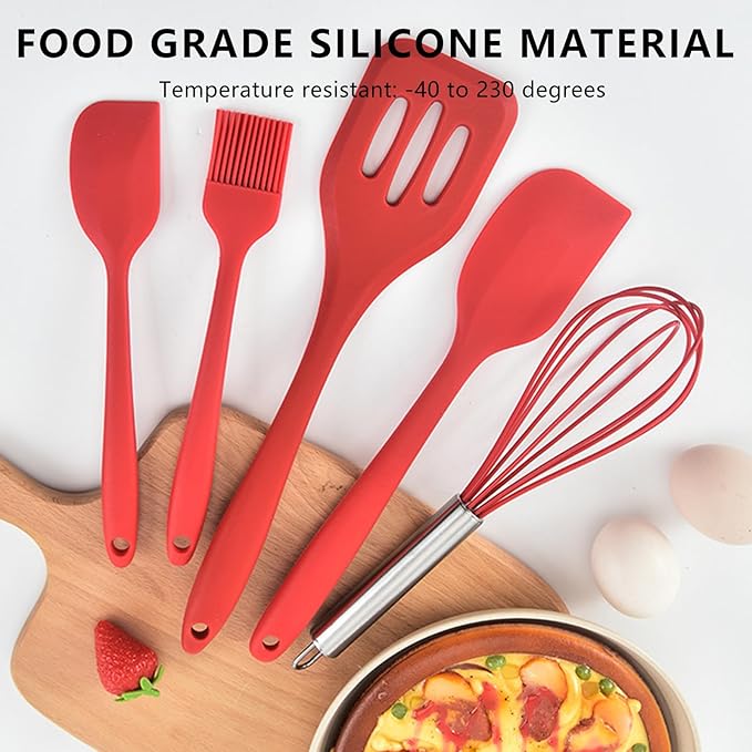 NileHome 4 Pack Silicone Spatula and Whisk Kitchen Utensils with Silicone Brush Heat Resistant BPA-free Rubber Spatula for Scraping, Baking, Cooking, Mixing- Red