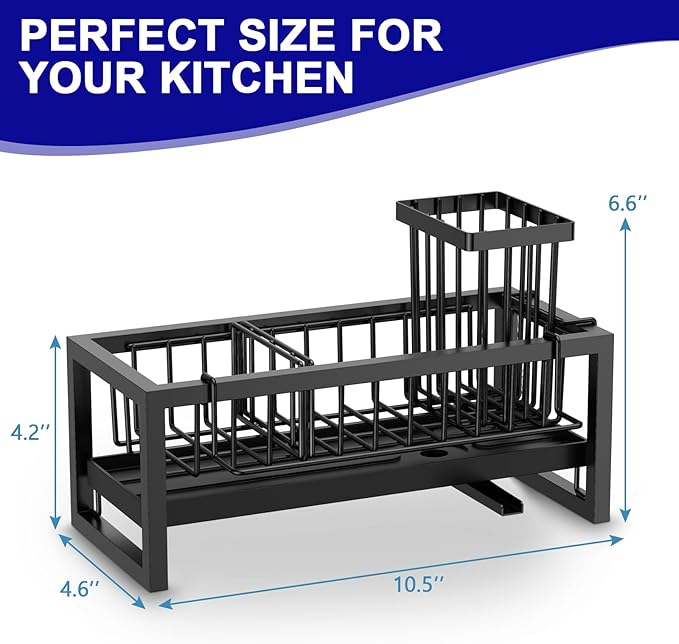 Sponge Holder for Kitchen Sink, Sink Caddy with Towel Holder, Kitchen Countertop Storage Organization, Home Apartment Essential Accessories (Black)