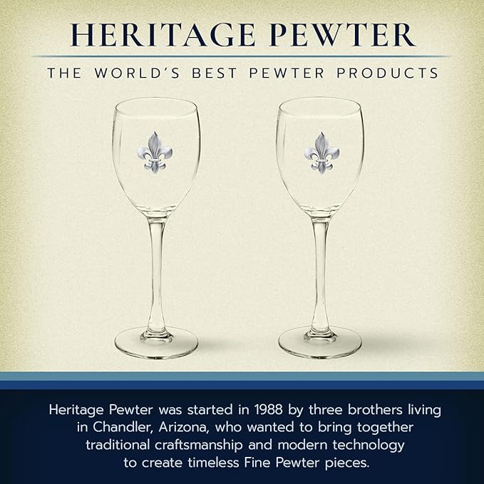 Heritage Pewter Fleur de Lis Glass Goblets β Set of 2 | 12 OZ Goblet Wine Glasses | Expertly Crafted Pewter Glass