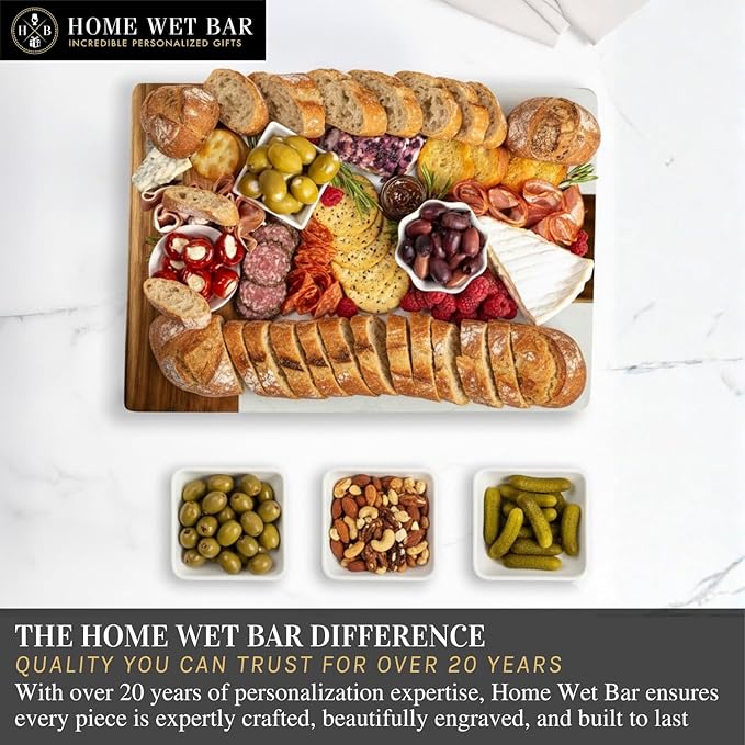 Personalized Charcuterie Board Gift Set | Custom 15.75" x 11.75" White Marble & Acacia Wood Cheese Board with Serving Bowls | Perfect Housewarming + Wedding + Couples Gift Idea