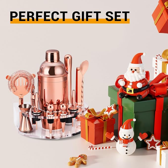 Bartender Kit Cocktail Shaker Set, Stainless Steel Cocktail Kit with 12 Piece Bar Accessories, 25oz Shaker Bar Set Drink Mixer Set with Stand Jigger Strainer Spoon Muddler for Cocktails (Rose Gold)