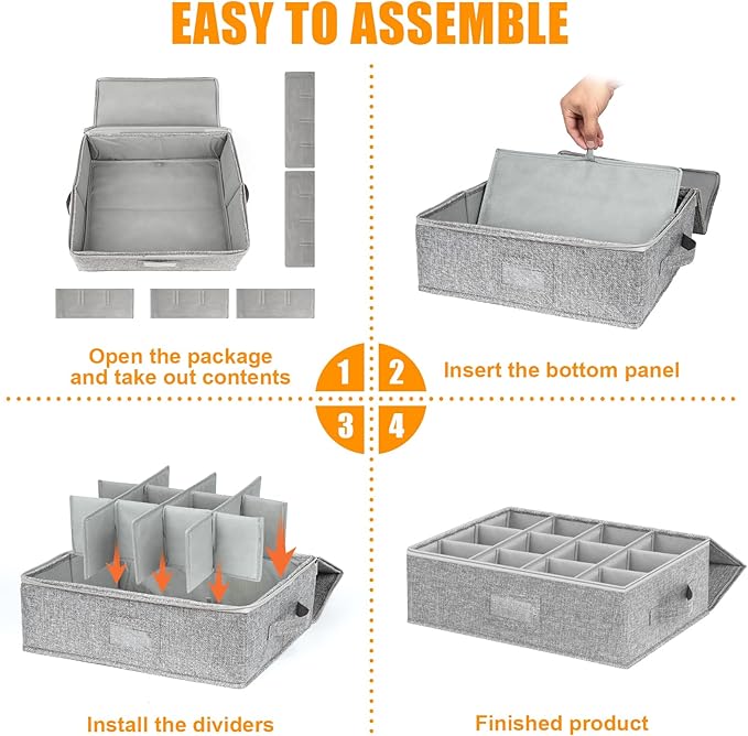 Coffee Mug Storage Box 2 Pack with Dividers, China Storage Containers Organizer Moving Supplies, Hard Shell & Stackable for Coffee Mugs, Tea Cups w/Sturdy Lid & Handles, 24 Compartments, Grey