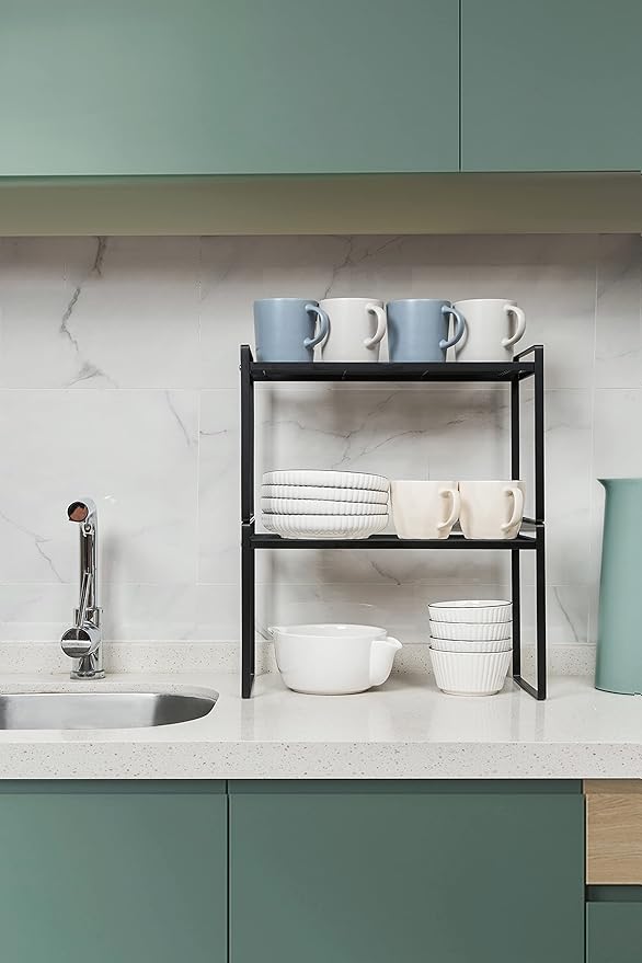 2Pack Cabinet Shelf Organizer Storage Rack Space Saving for Kitchen Counter Pantry Bathroom Cupboard Under Sink Office Table Steel Stackable Rust Resistant Heavy Duty Nonslip 16” Black - Tall