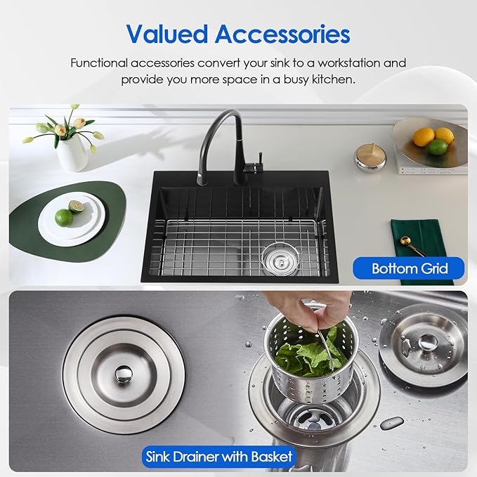 24x18x9 Inch Drop in Kitchen Sink, Handmade 304 Black Stainless Steel Single Bowl, Centre-Offset Drain, R10 Tight Corner, Topmount Kitchen Sink with Strainer & Bottom Grid