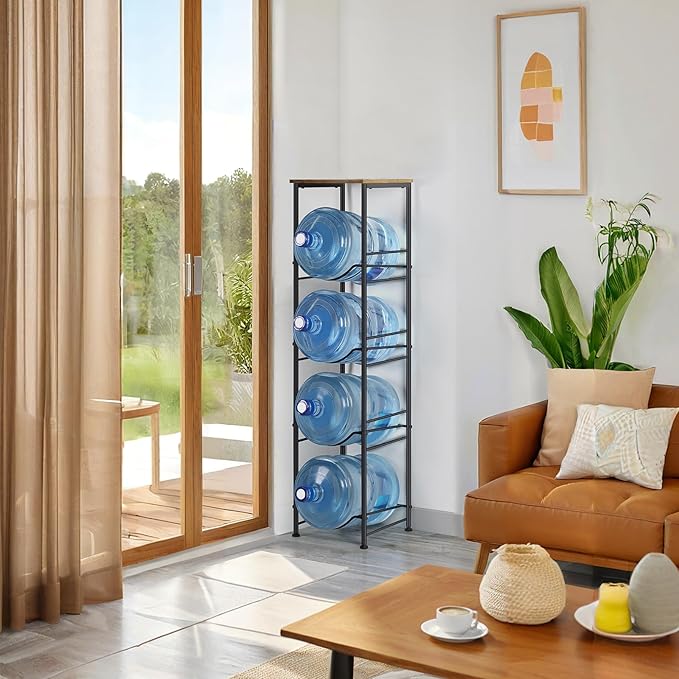 Vrisa 5 Gallon Water Jug Holder 4-Tier Water Bottle Holder Water Jug Stand with Storage Shelf Water 3/5 Gallon Rack Organizer for Home Office, Rustic Brown