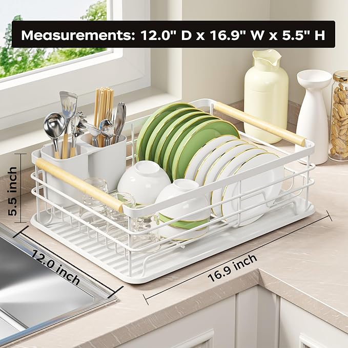 Dish Racks for Kitchen Counter: Wooden Handles, Thickened Metal, No Assembly. Small Dish Drying Rack: Ideal for Small Households. Drying Rack Kitchen: White