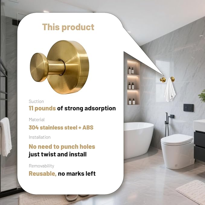 4 Pcs Suction Cup Hook for Shower,Removable Hooks,Towel Hooks,Suction Hooks for Bathroom, Bedroom, Glass Window (Gold)