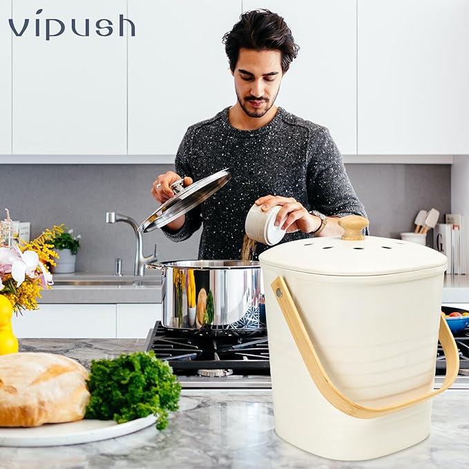 Vipush Bamboo Fiber Compost Bin with Lid Small Countertop Compost Bin Includes Charcoal Filter, Beige