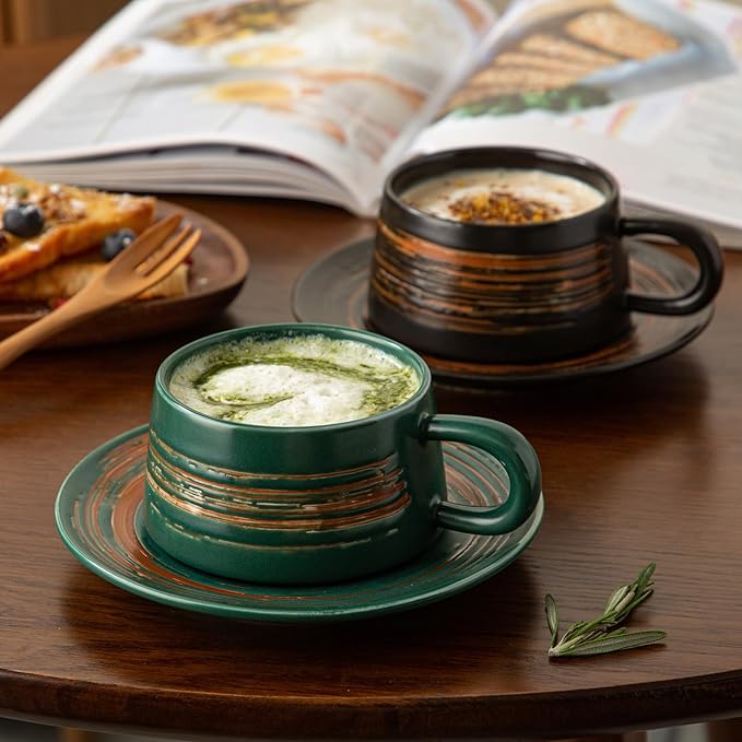 YUN TAO 4-Piece Ceramic Latte Cups with Saucers Set with Ergonomic Handles,Tea Mugs - Elegant Stylish Design for Home Office Cafe Perfect for Coffee Lovers-Birthday Gifts for Women