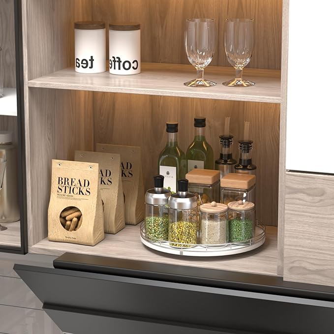 12" Oak Wood Lazy Susan Organizer, Lazy Susan for Cabinet Dining Table Pantry Wood Turntable Organizer Tray for Coffee Table Kitchen Countertop Salt Spice Can Organization and Storage Round Silver