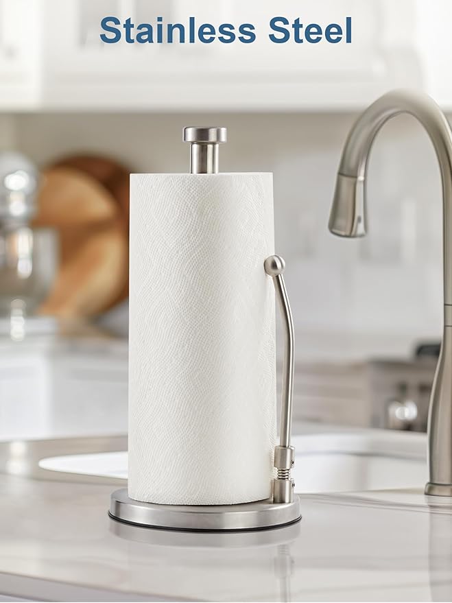 SMARTAKE Paper Towel Holder, Paper Towel Dispenser Standing Weighted Base Non Slip, Spring Arm for Easy Tear, Stainless Steel Paper Towel Holder for Home Kitchen Countertop Tabletop, Silver