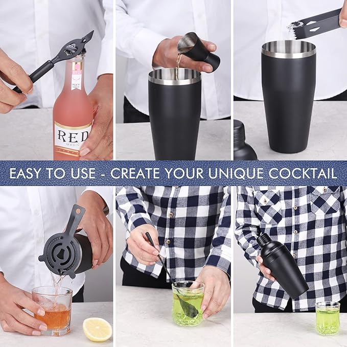 Cocktail Shaker Set Stainless Steel Bartending Kit 18.6oz Cocktail Bar Set Cocktail Mix Drink Making Kit Professional Bar and Home Drink Bar Tools for Bartender (Matte Black, 7Pcs)