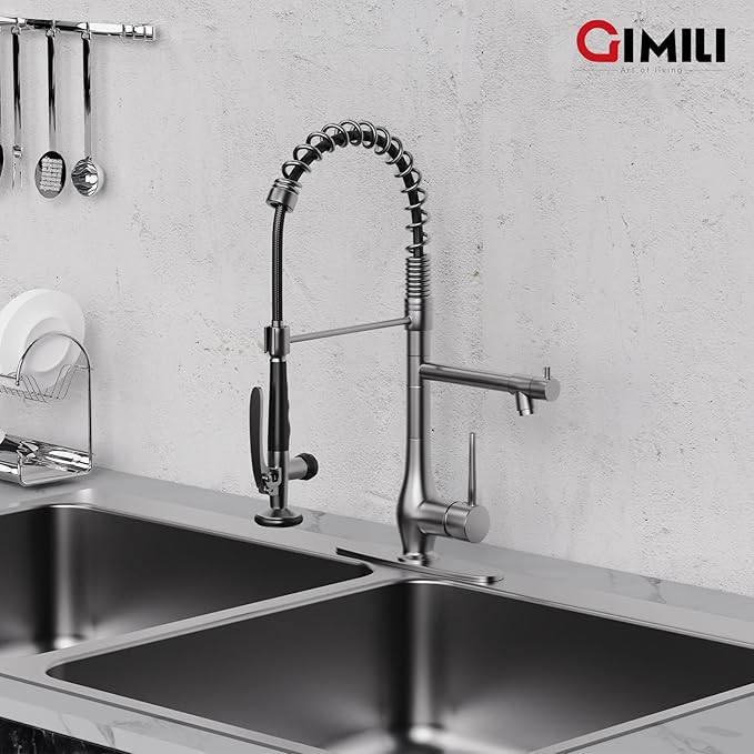 GIMILI Black Stainless Kitchen Faucet with Pull Down Sprayer, Single Handle High Pressure Kitchen Sink Faucet, Commercial Double-Headed Stainless Steel Kitchen Faucet