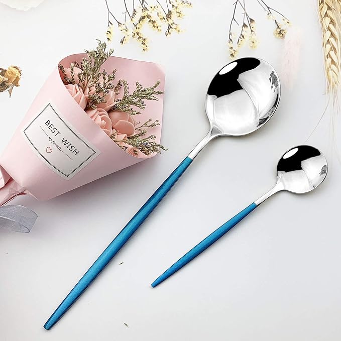 JASHII Flatware Serving Set 24 Piece, Stainless Steel Silverware Set, Blue Silver Cutlery Set, Modern Elegant Tableware Set for Party, Christmas, Dinner (Blue Silver)