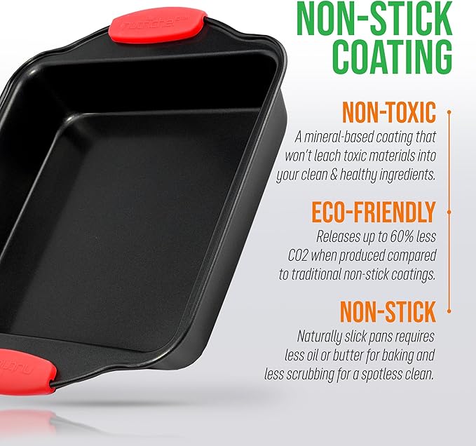 NutriChef Nonstick Square Baking Pan with Red Silicone Grip Handles - Square Brownie & Cake Tray - Even Heat Distribution, PFOA, PFOS, PTFE-Free Nonstick Coating - 8" x 8" Pan, Gray