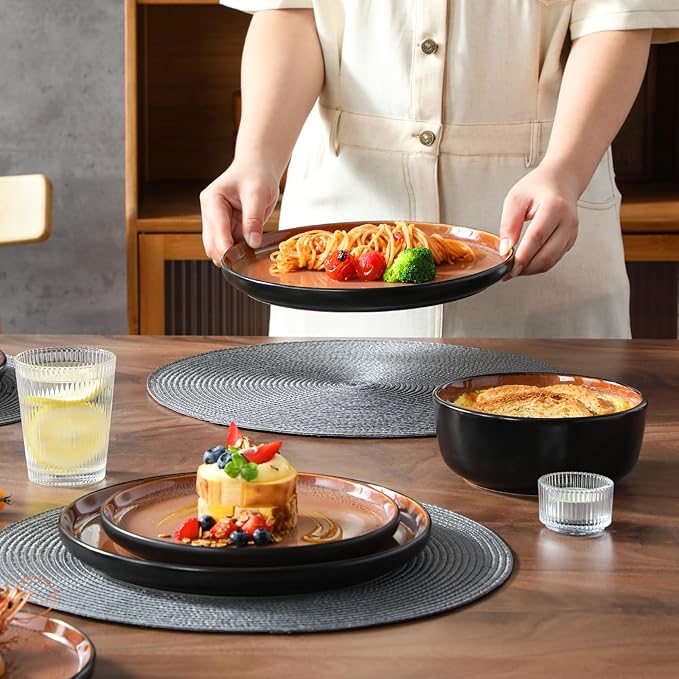 vancasso Plates and Bowls Sets, 18 Pieces Stoneware Dinnerware Sets for 6, Kitchen Dish Set Mircowave and Dishwasher Safe Dinner Set Ceramic Dishware, Brown, Series AMBER