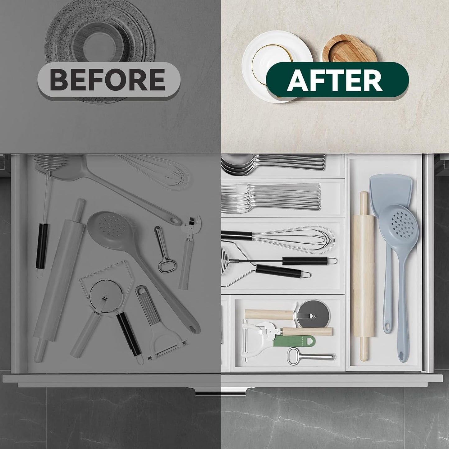 Bamboo Drawer Organizer, Cutlery Silverware Organizer for Kitchen Drawer, Stackable Utensil Organizer, 2 Pcs Flatware Organizer for Drawer, Wooden Storage Box Tray (White, 12 X 6 X 2 Inch)