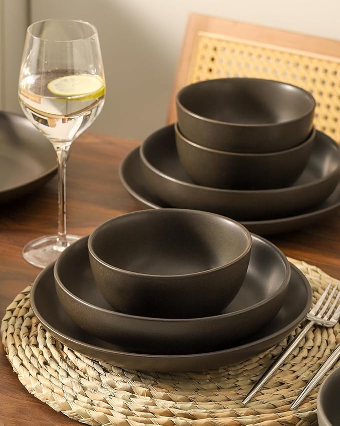 Dinnerware Sets, Stoneware Plates and Bowls Sets, Farmhouse 12 Piece Dish Set for 4, Ceramic Plates Set for Kitchen, Scratch Resistant, Dishwasher & Microwave Safe, Matte Black