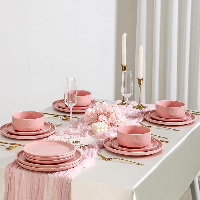 GZG Modern Art Series - 12 Pcs Speckled Stoneware Plates and Bowls Sets, Ceramic Dinnerware Set with Rustic Terracotta Underside, Microwave and Dishwasher Safe Handcrafted Dishes Set - Blush Pink