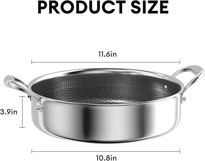 COOKER KING 5QT Stainless Steel Saute Pan with Lid, Hybrid Nonstick Deep Saute Pan, Chicken Fryer, Tri-Ply Clad Even Heat Distribution, Dishwasher-Friendly,Oven Safe to 500°F, Induction Compatible