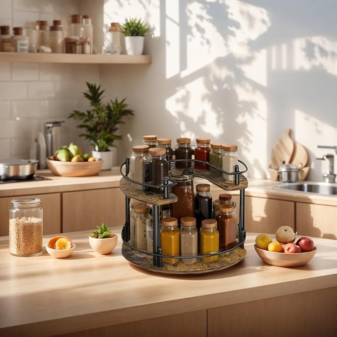 2-Tier Wooden Lazy Susan Turntable Organizer for Cabinet, Table Top, Kitchen, Pantry, Bathroom, Vanity Countertop, Rotating Wood Lazy Susans Rack for Spice, Seasoning Storage Organization(Round)