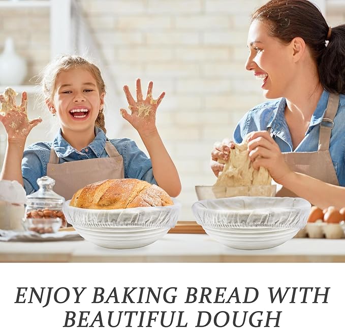 Rattan Proofing Basket Round - 4 Pack 9 Inch Natural Release Handwoven Design with Removable Linen Liners - Easy Clean for Sourdough Beginner Homemade Bread