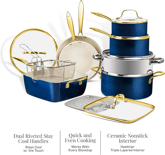 Gotham Steel 12 Pc Ceramic Cookware Set Nonstick, Ceramic Pots and Pans Set Non Stick with Steamer for Cooking, Non Toxic PFOA PFOS Free, Premium Stay Cool Handles, Oven & Dishwasher Safe