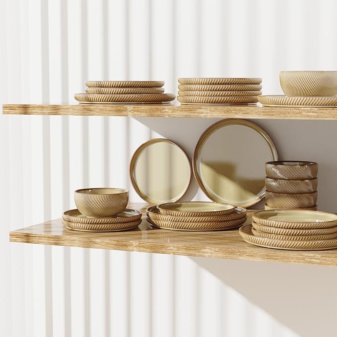 Earthsong Dinnerware Sets for 8, 24-Piece Ceramic Plates and Bowls Set, Dishwasher and Microwave Safe Stoneware Dishes Set, Ribbed, Caramel Dusk