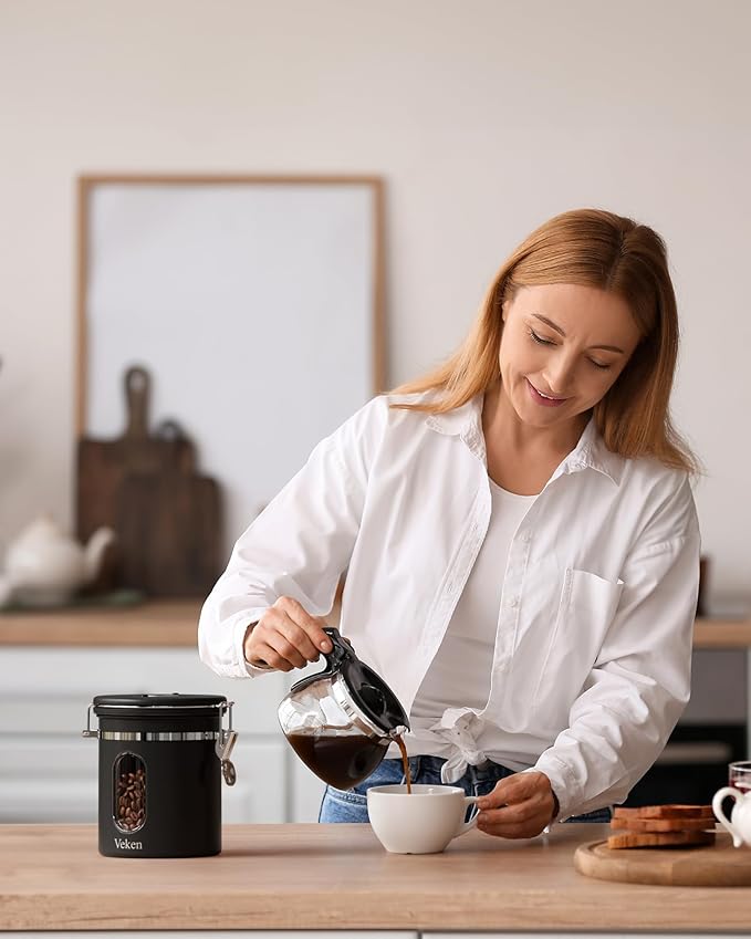 Veken Coffee Canister with Window, Airtight Stainless Steel Kitchen Food Storage Container with Lids, Date Tracker and Scoop for Grounds Coffee, Beans, Tea, Flour, Cereal, Sugar Jars, 16OZ, Black